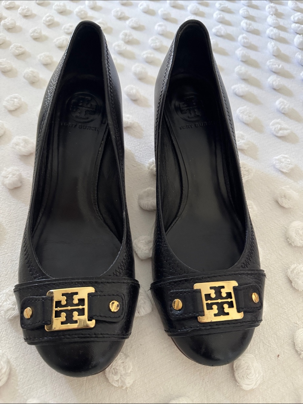 Tory Burch Black Leather Flats with Gold Logo Accent